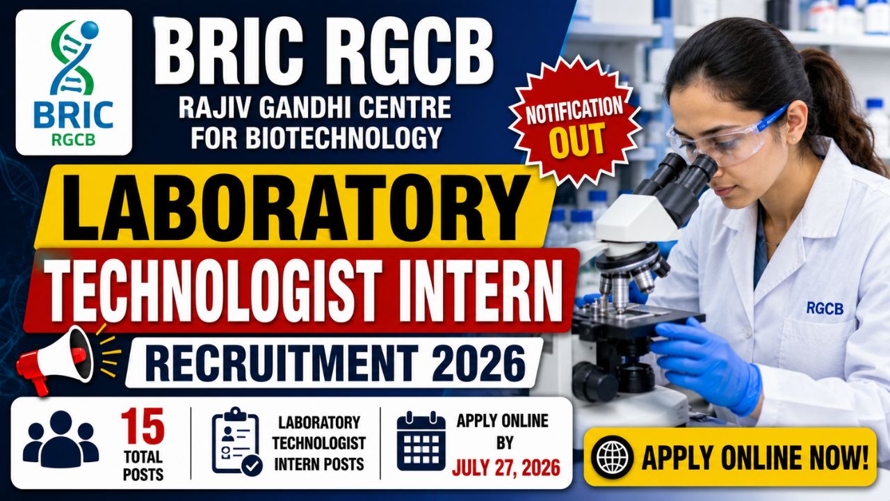 Bric Rgcb Laboratory Technologist Intern Recruitment 2026