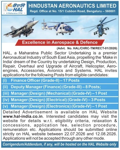 Hal Recruitment 2026: 30 Vacancies Open For Finance Officer And Manager Design Posts 7 Hal Vacancy 2026 Notifiction Out