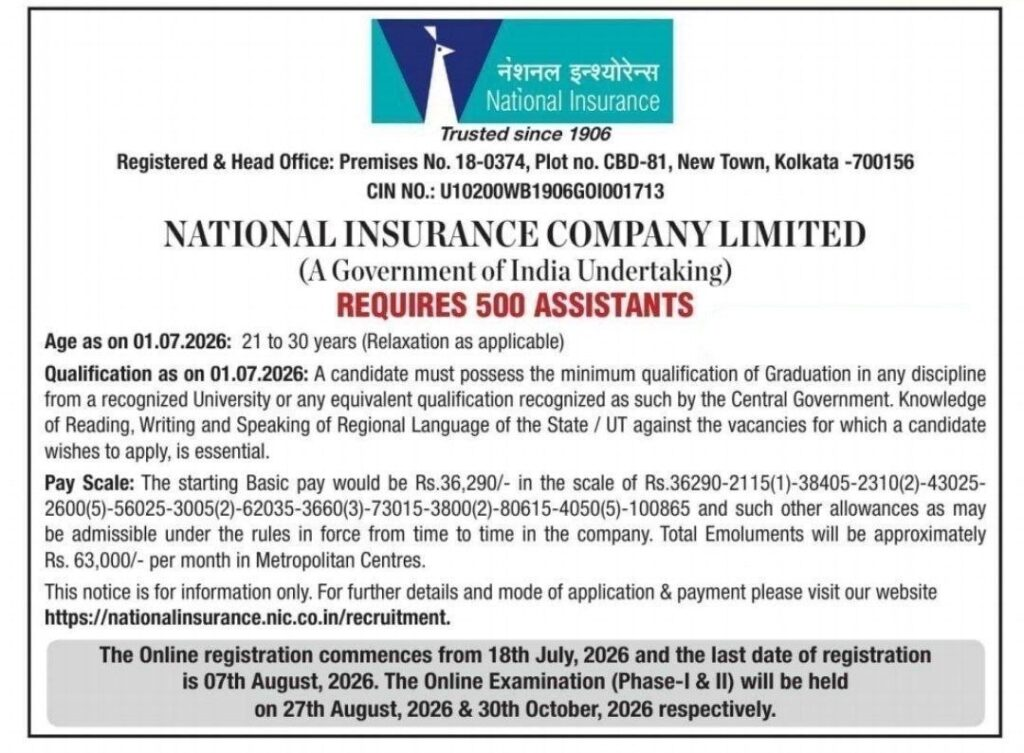 Nicl Assistant Recruitment 2026: 500 Vacancies Out — Apply Online Before August 7 8 Nicl Assistant Short Notification 2026