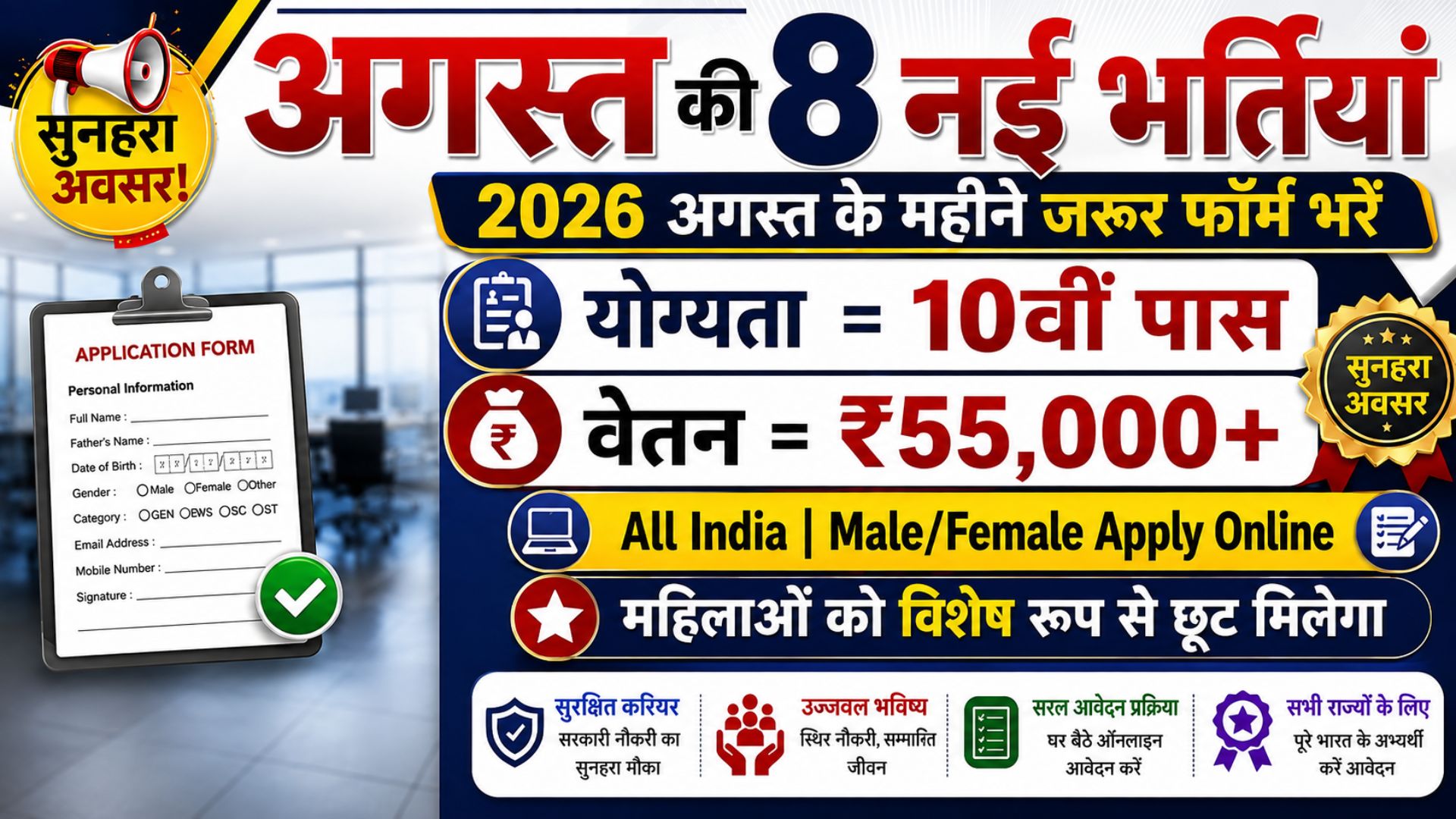 Top 10 Government Job Vacancy in August 2026 | अगस्त महीने की 10 बड़ी भर्ती 10वी,12वी पास के लिए