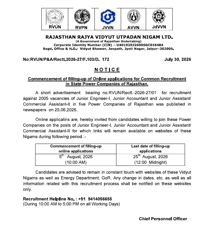 Rvunl Jen 1 Recruitment 2026 Notification Out, 869 Posts, Apply Online From 5Th August 9 Rvunl Jen 1 Recruitment 2026